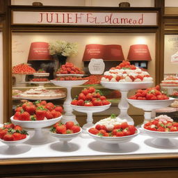 A complete shop window display dedicated to strawberries and cream