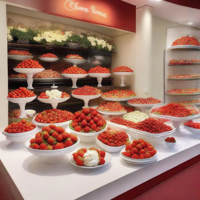 A complete shop window display dedicated to strawberries and cream