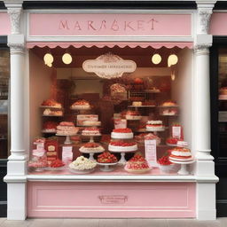 A shop window display for a store called 'Market Strawberries' featuring strawberries and cream