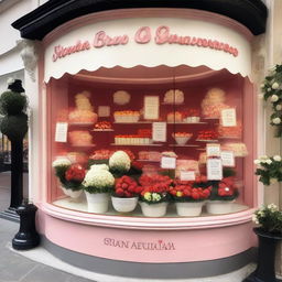 A shop window display for a store called 'Market Strawberries' featuring strawberries and cream