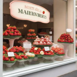 A shop window display for a store called 'Market Strawberries' featuring strawberries and cream