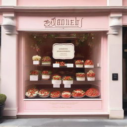 A shop window display for a store called 'Market Strawberries' featuring strawberries and cream