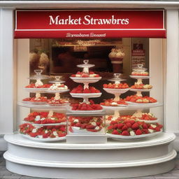 A complete shop window display for a store called 'Market Strawberries' featuring strawberries and cream