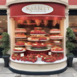 A complete shop window display for a store called 'Market Strawberries' featuring strawberries and cream