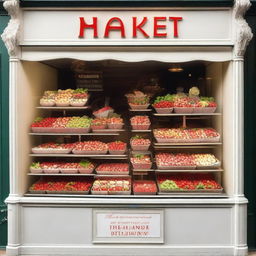 A complete shop window display for a store called 'Market Strawberries' featuring strawberries and cream