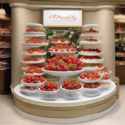 A complete shop window display for a store called 'Market Strawberries' featuring strawberries and cream