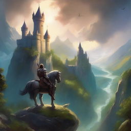 A high fantasy novel book cover featuring a majestic castle atop a mountain, surrounded by lush forests and a winding river