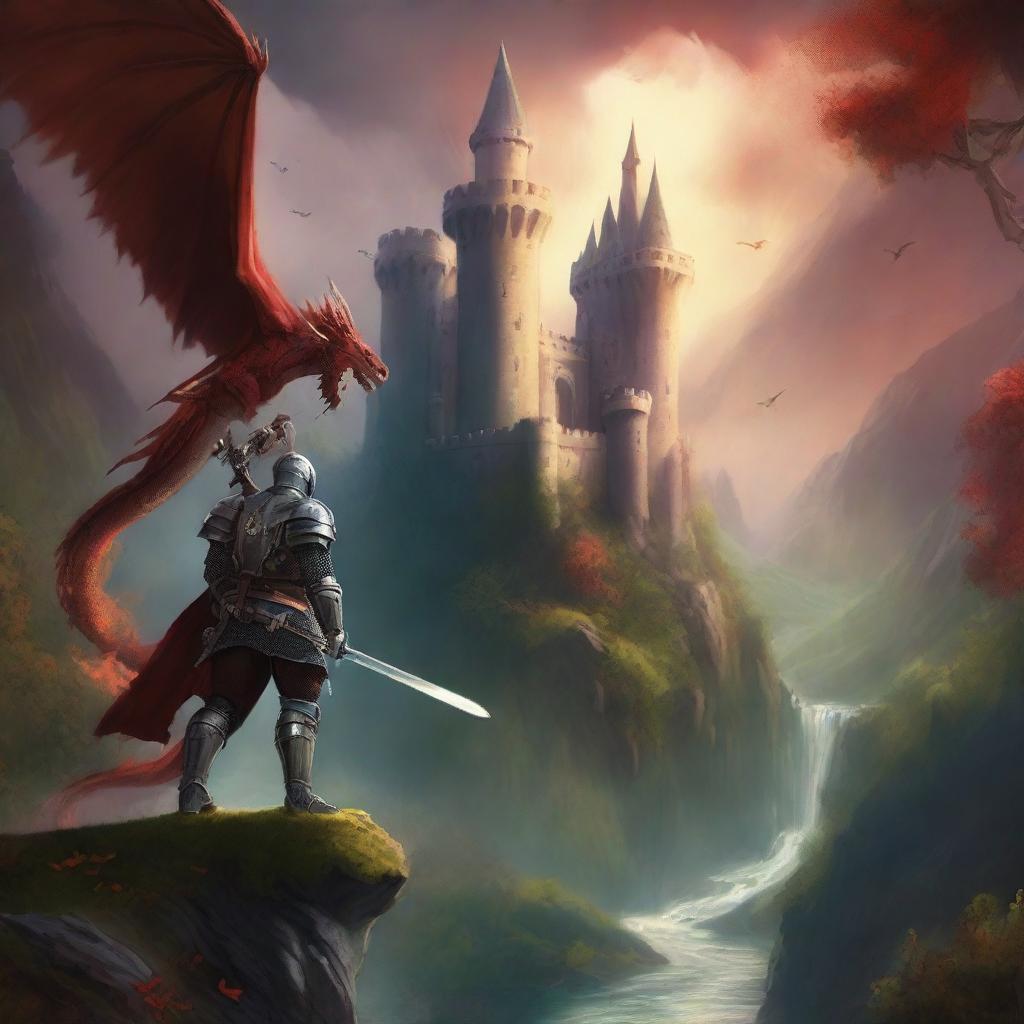 A high fantasy novel book cover featuring a majestic castle atop a mountain, surrounded by lush forests and a winding river