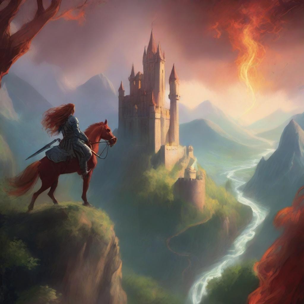 A high fantasy novel book cover featuring a majestic castle atop a mountain, surrounded by lush forests and a winding river