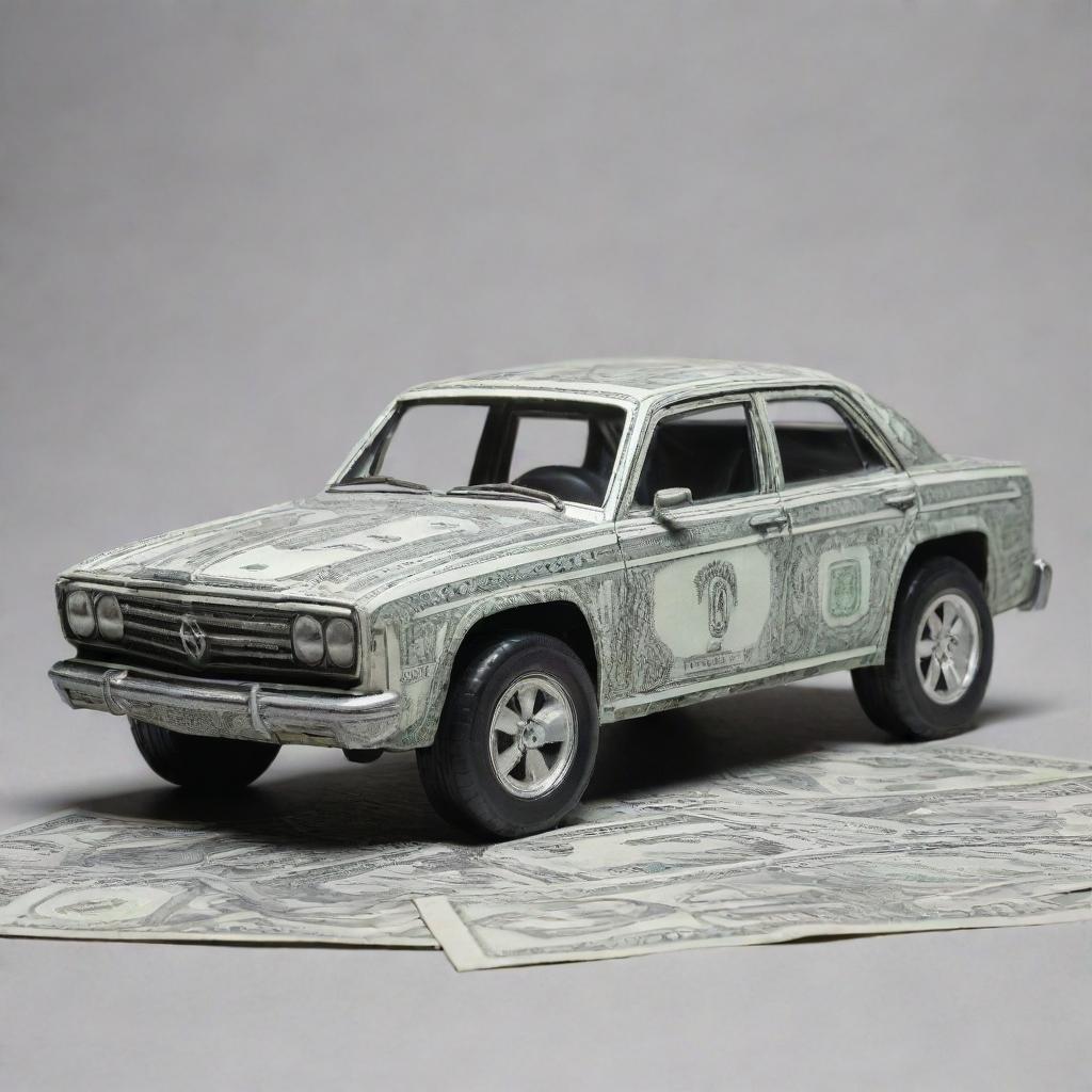 A playful visual representation of a car made out of a 1 dollar bill, with wheels, windows, and other details cleverly incorporated into the design.