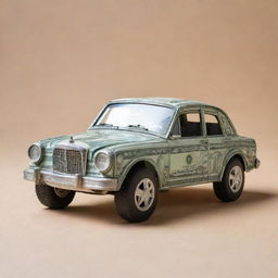 A playful visual representation of a car made out of a 1 dollar bill, with wheels, windows, and other details cleverly incorporated into the design.