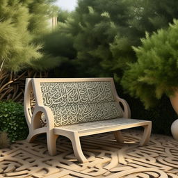 An outdoor seat with arabesque designs, inspired by distinctive Arabic script lines, crafted from weather-resistant materials and set in a soothing garden environment.