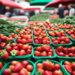 A vibrant and colorful display of fresh strawberries in a market stall