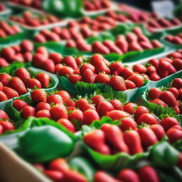 A vibrant and colorful display of fresh strawberries in a market stall