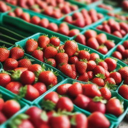 A vibrant and colorful display of fresh strawberries in a market stall