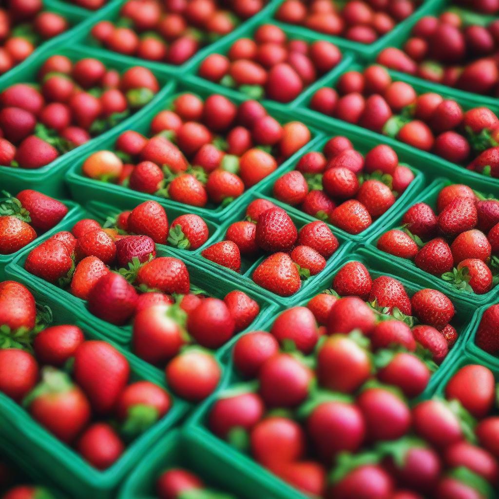 A vibrant and colorful display of fresh strawberries in a market stall