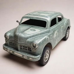 A playful visual representation of a car made out of a 1 dollar bill, with wheels, windows, and other details cleverly incorporated into the design.