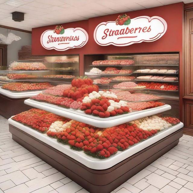 A beautifully designed storefront display for a shop specializing in strawberries with cream