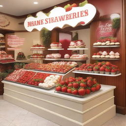 A beautifully designed storefront display for a shop specializing in strawberries with cream