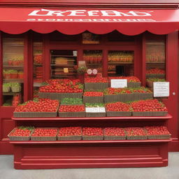 A beautifully arranged storefront display for a shop specializing in strawberries