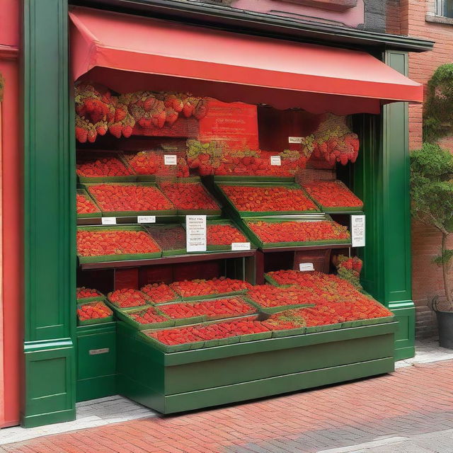 A beautifully arranged storefront display for a shop specializing in strawberries