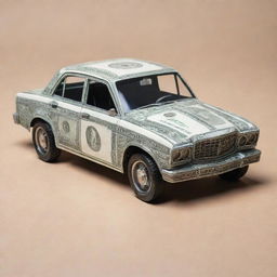 A playful visual representation of a car made out of a 1 dollar bill, with wheels, windows, and other details cleverly incorporated into the design.