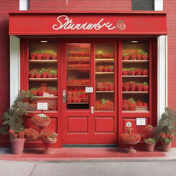 A beautifully arranged storefront display for a shop specializing in strawberries