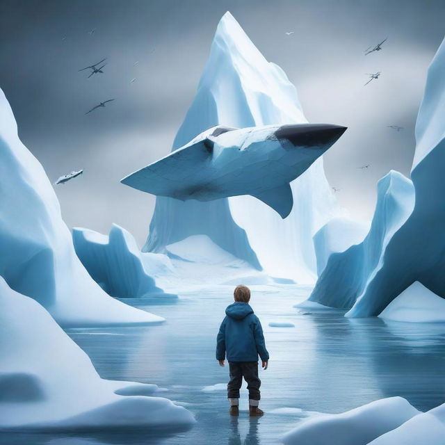 Create a book cover featuring a dramatic scene with a massive iceberg, a young boy, and a fighter plane