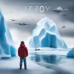 Create a book cover featuring a dramatic scene with a massive iceberg, a young boy, and a fighter plane