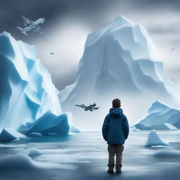 Create a book cover featuring a dramatic scene with a massive iceberg, a young boy, and a fighter plane