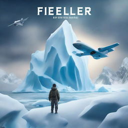 Create a book cover featuring a dramatic scene with a massive iceberg, a young boy, and a fighter plane