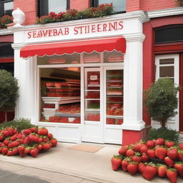 A vibrant and inviting exterior storefront display for a shop specializing in strawberries and cream