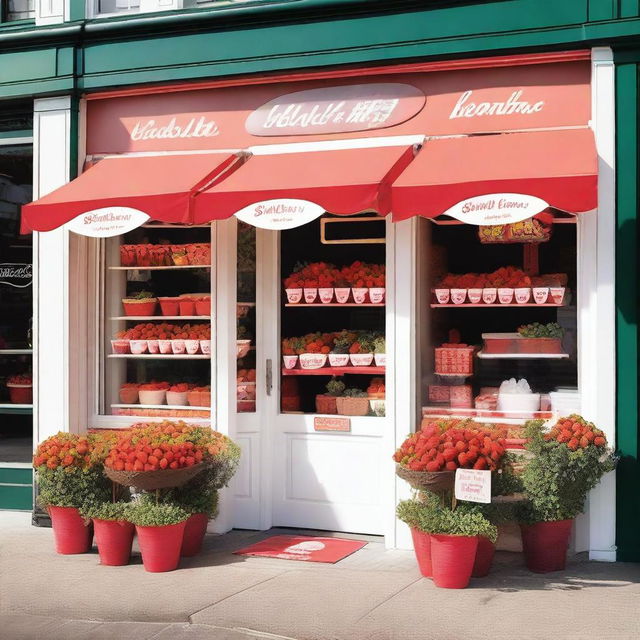 A vibrant and inviting exterior storefront display for a shop specializing in strawberries and cream