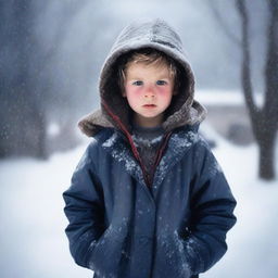 Create an image of a young boy standing in the midst of a fierce winter storm