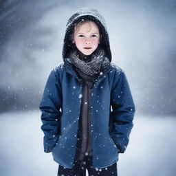 Create an image of a young boy standing in the midst of a fierce winter storm