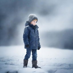 Create an image of a young boy standing in the midst of a fierce winter storm