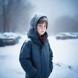 Create an image of a young boy standing in the midst of a fierce winter storm