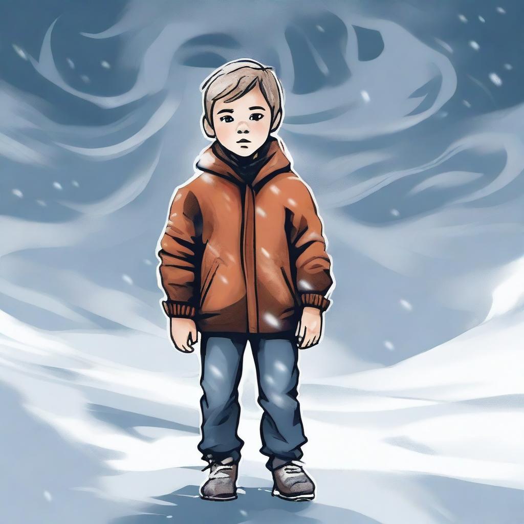 Create a hand-drawn image of a young boy standing in the midst of a fierce winter storm