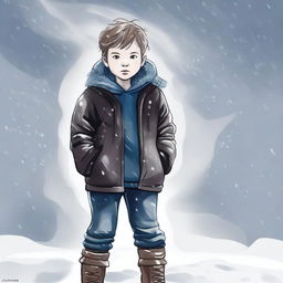 Create a hand-drawn image of a young boy standing in the midst of a fierce winter storm