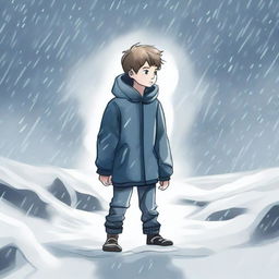 Create a hand-drawn image of a young boy standing in the midst of a fierce winter storm