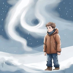 Create a hand-drawn image of a young boy standing in the midst of a fierce winter storm