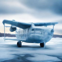 Create an image of an old airplane made entirely out of ice