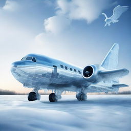 Create an image of an old airplane made entirely out of ice