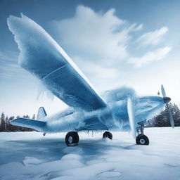 Create an image of an old airplane made entirely out of ice