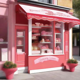 A vibrant and inviting exterior storefront display for a shop specializing in strawberry and cream ice cream