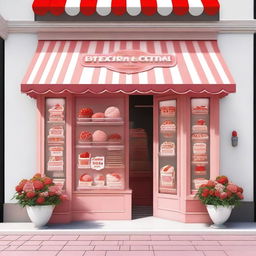 A vibrant and inviting exterior storefront display for a shop specializing in strawberry and cream ice cream