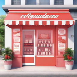 A vibrant and inviting exterior storefront display for a shop specializing in strawberry and cream ice cream