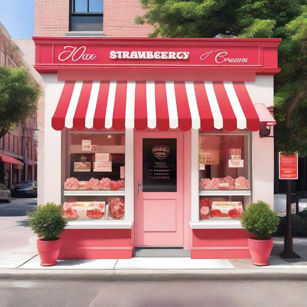 A vibrant and inviting exterior storefront display for a shop specializing in strawberry and cream ice cream