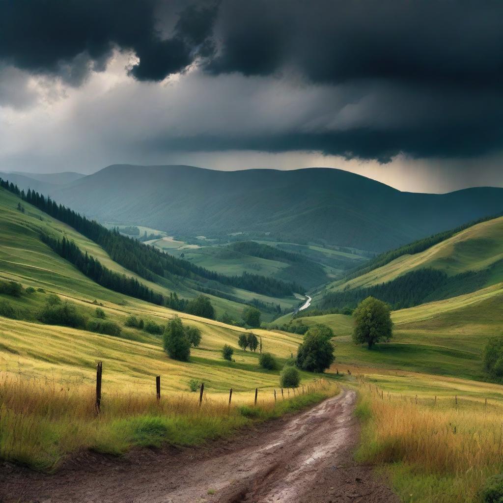 A scenic view of the Carpathian mountains in the background with dark, ominous thunderstorms brewing above