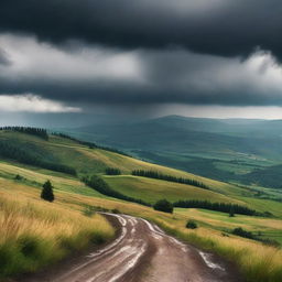 A scenic view of the Carpathian mountains in the background with dark, ominous thunderstorms brewing above